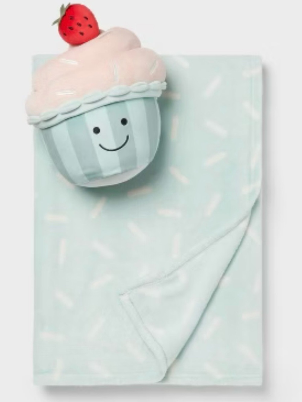 Pillowfort Mint and Pink Cupcake Plush with Mint Sprinkle Blanket preowned